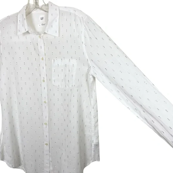 Gap Fitted Boyfriend White Button Down Silver Metallic Clip Dot Shirt Size M - Picture 5 of 14